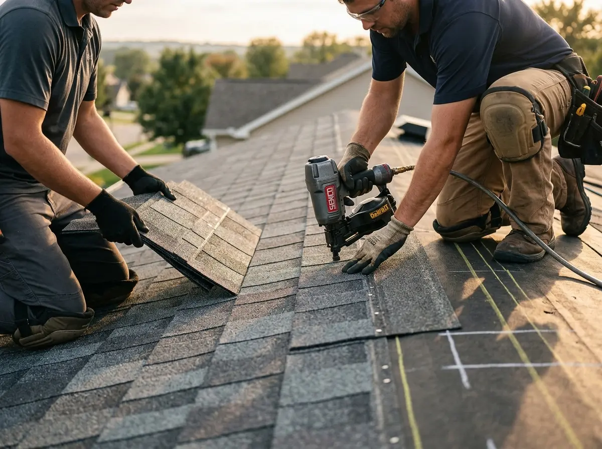 Professional roofer working on a residential roof in Bridge City